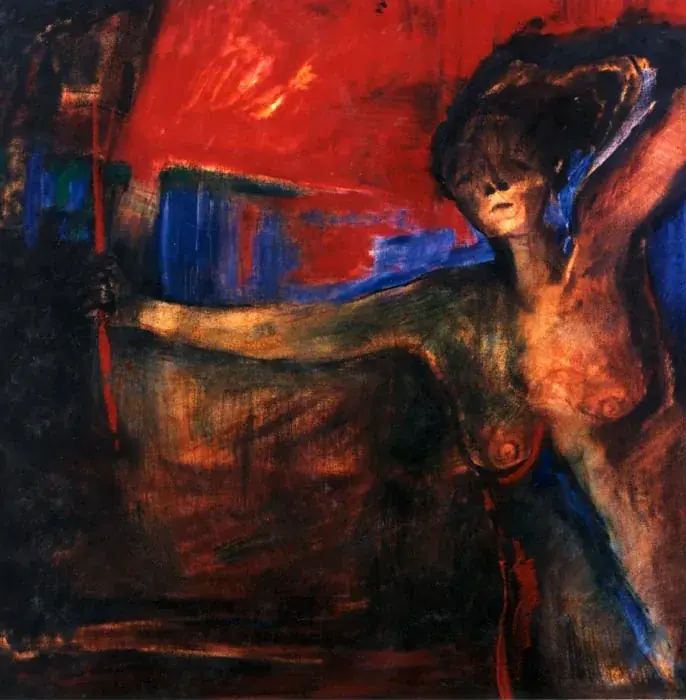 Mujer engallada. 1993 · Óleo sobre tela · 100 × 100 cm. Sala 03, Gallo gallina.